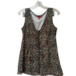 Bongo Y2K Zip Front Sleeveless Top Retro Print Stretch Knit Large